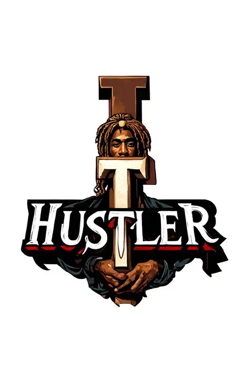 the word Hustler with Tupac shakur on a cross like Jesus as the letter T in the word hustler. tattoo design idea