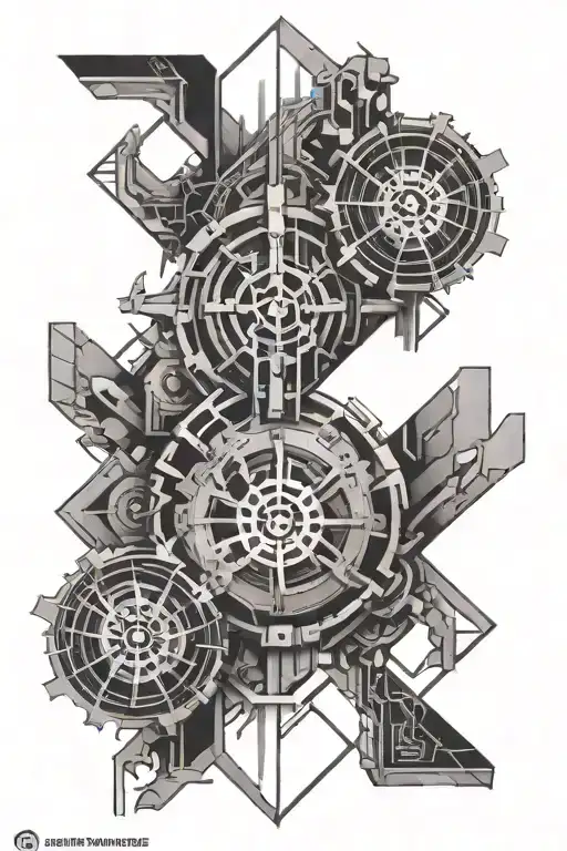 geometric tattoo fusing Mechanical Engineering, Gemini zodiac and Linkin Park logo tattoo design idea