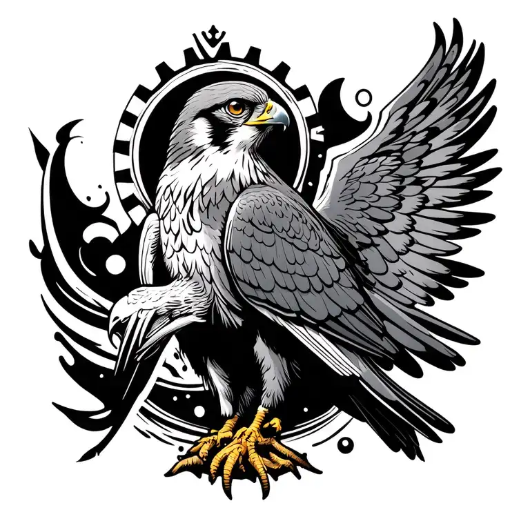 peregrine falcon back view with water wave at its tail and a gear crown on the head tattoo design idea