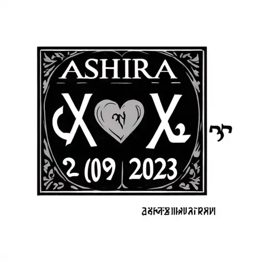 name ASHRA, below a ❤️, heartbeat ❤️,  then the Roman numerals 02/09/2023 tattoo design idea