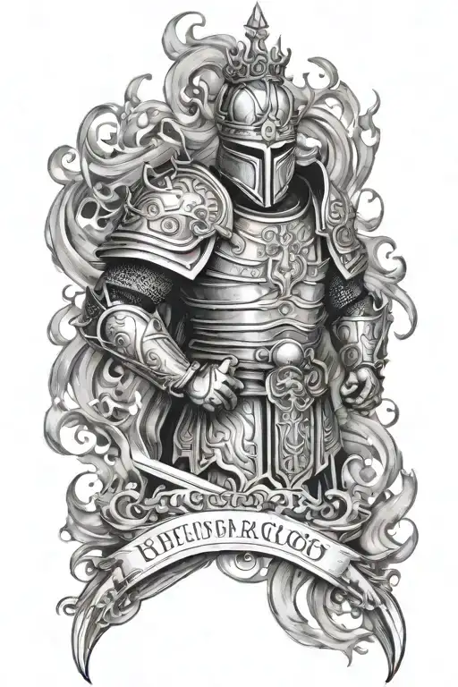 the full armor of God, between a split ocean with flames and Bible pages flying around with a crown of life tattoo design idea