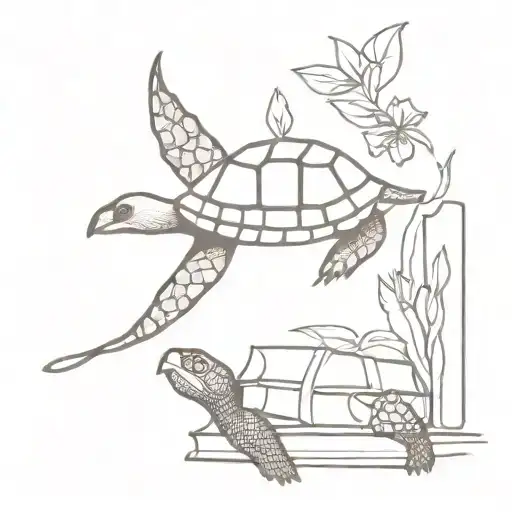 turtle, books, lilly flowers, robin bird, compass tattoo design idea