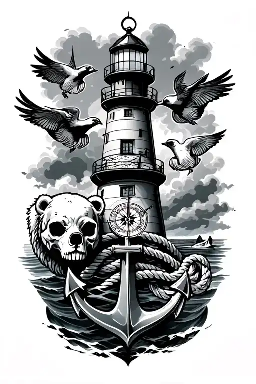 nautical tattoo with lighthouse stormy sea compass anchor rope 2 swallows and a polar bear skull tattoo design idea