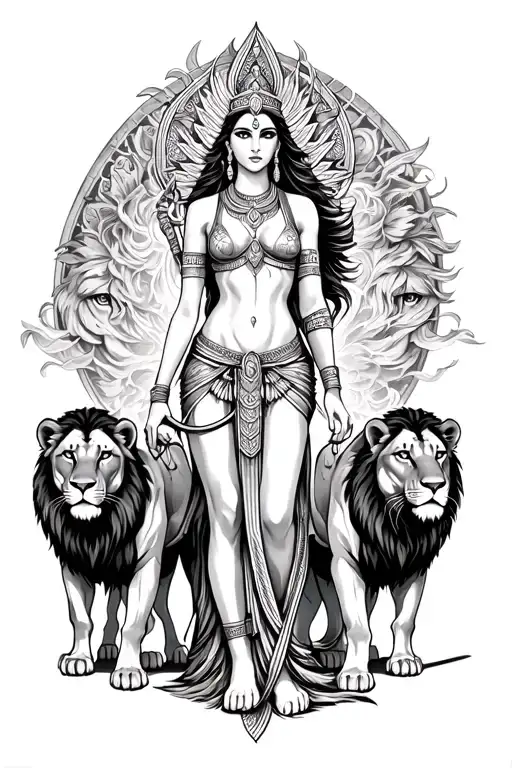 Goddess ishtar standing with lions on leash beeneath her tattoo design idea