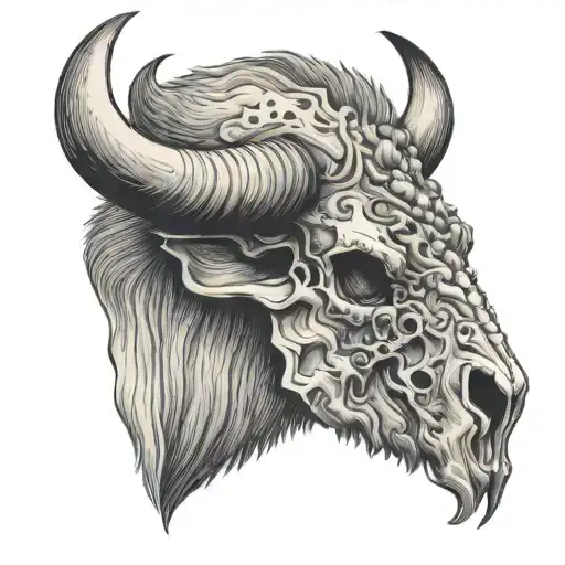 bison skull curved horn  tattoo design idea