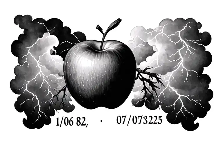 "11/06/82 -07/03/25" A apple (with the Date beside it)above the shadowy shaded lungs in the middle of a large dark thunderstorm clouds  tattoo design idea