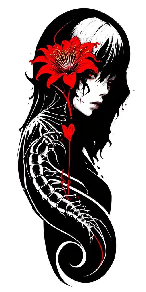 Full sleeve abstract tattoo of tokyo ghoul(centipede, red spider lilly) mixed woth archangel  tattoo design idea