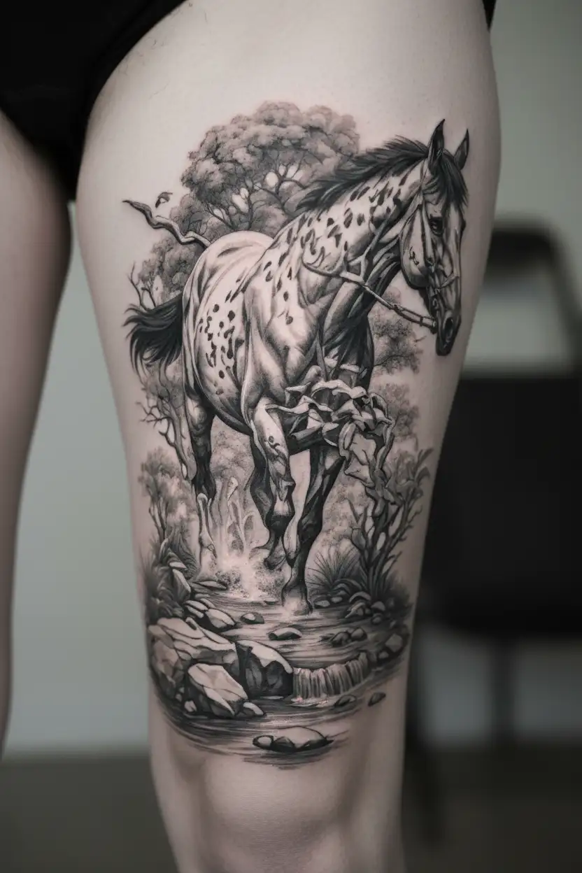 horse drinking water creek being hunted by predators tattoo design idea