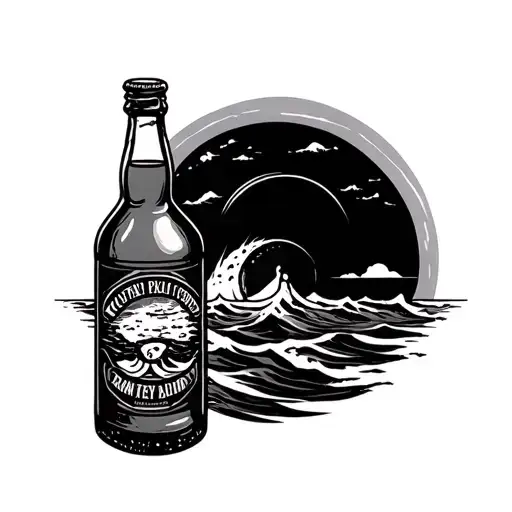 ocean, rum bottle, singer, sun tattoo design idea