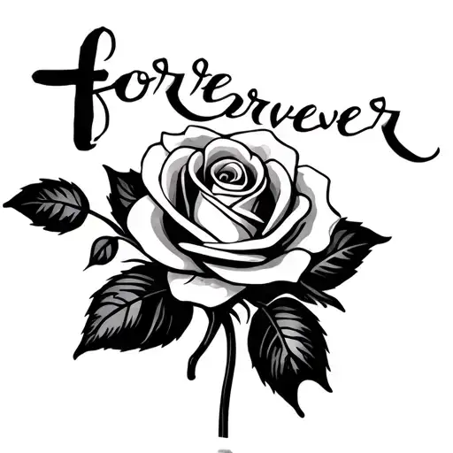 A cross with written forever together vertical elegant with a rose without stem tattoo design idea