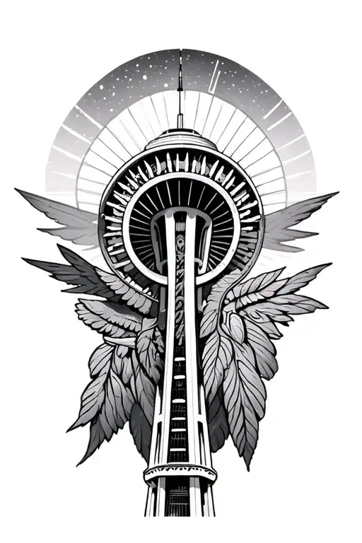 Seattle space needle with Alaskan native totem poll as the shaft of the space needle  tattoo design idea