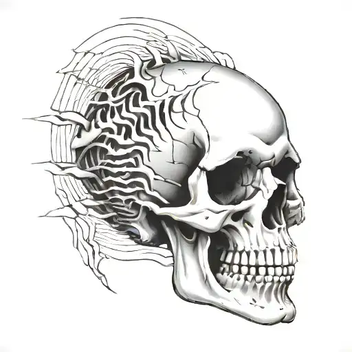 sound waves around a  skull has an open mouth with teeth and a crack on the side  tattoo design idea