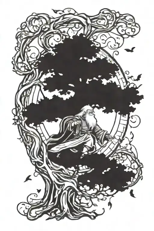 tree with leaves blowing father time running tattoo design idea