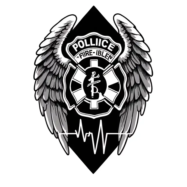 angel wings + ekg line + police badge + Fireman + EMS tattoo design idea