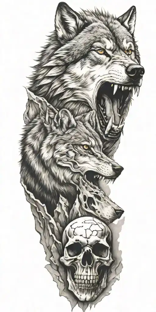 wolf and mountain range and skull tattoo design idea