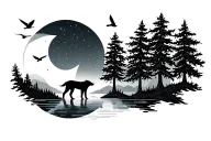 unique tattoo, with trees, in between sun, and other side moon , river, a wolf in the night , and birds flying ,leafs  tattoo design idea