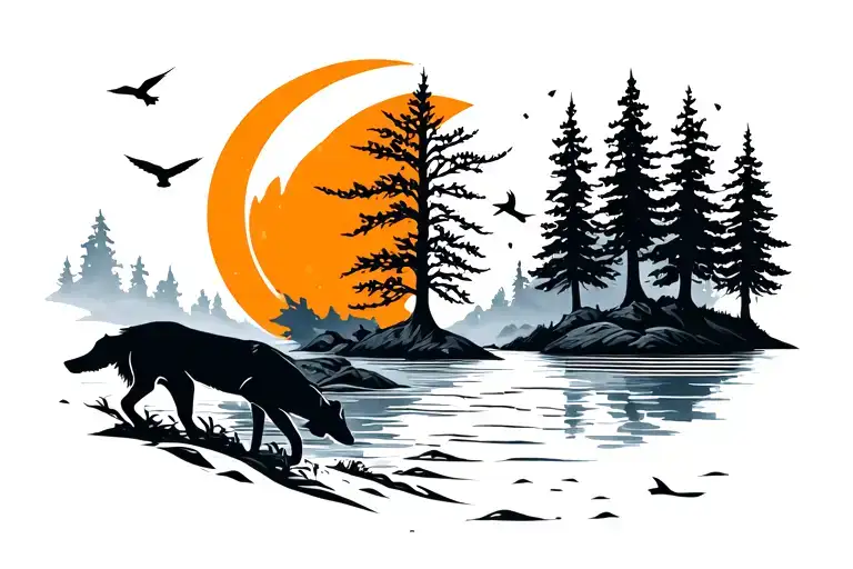 unique tattoo, with trees, in between sun, and other side moon , river, a wolf in the night , and birds flying ,leafs  tattoo design idea