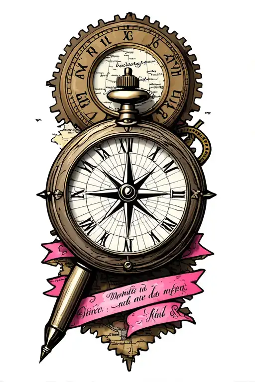 vintage old map; name of cities; compass rose; pink; pocket watch with gear; pen writing text tattoo design idea