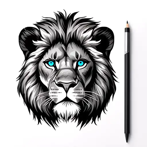 adult male lion with blue eyes looking tattoo design idea