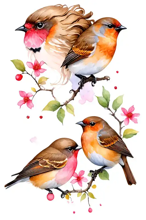 female face, 2 robins, female symbol, cherry bloosom tattoo design idea