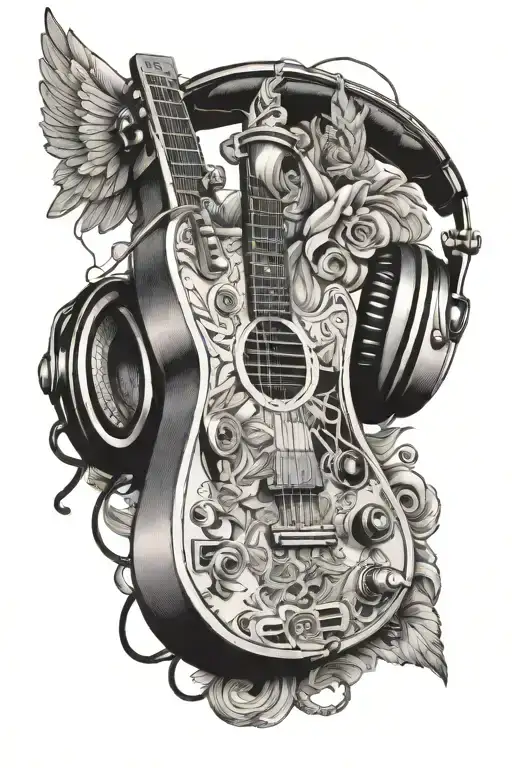 microphone boombox guitar headphones angels tattoo design idea