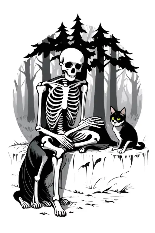skeleton sitting in the forest petting dog and cat tattoo design idea