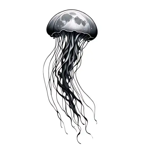 I would like to have the entire tattoo with a thin line (subtle, like a black and white picture of a jellyfish), connecting the jellyfish and the moon. tattoo design idea
