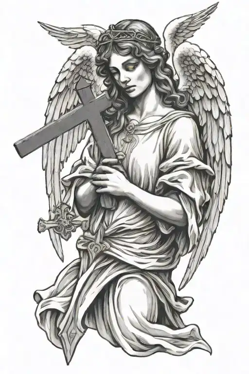 angel holding a cross tattoo design idea
