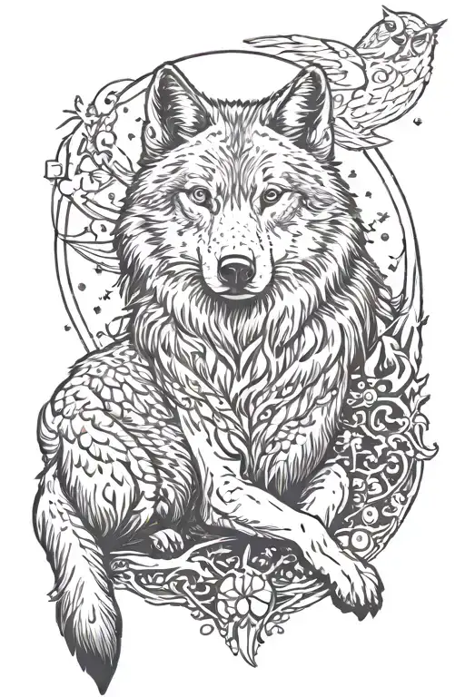 A great wolf laying down whos tail is raised in the air morphing into celestial fauna with a godly owl sitting on top tattoo design idea
