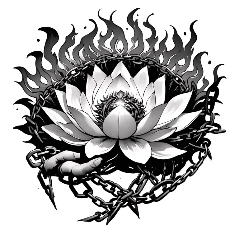 madusa wrapped in chains holdin a burning lotus flower with a sim pheinox rising in the center of the flower from the as tattoo design idea