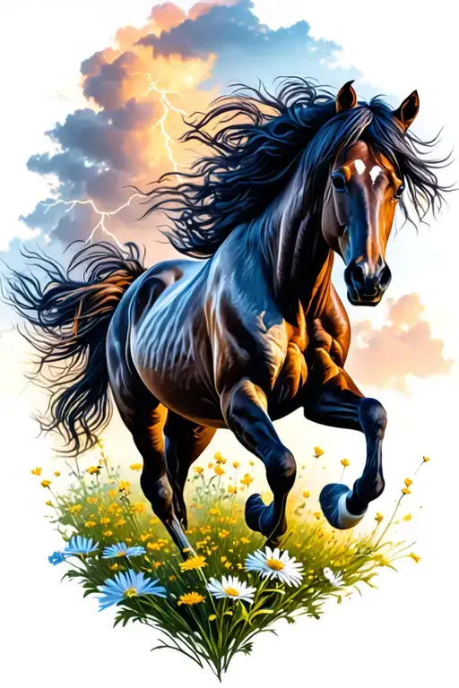 wild horses running, wild flowers intertwined, lightening sky, pistol tattoo design idea