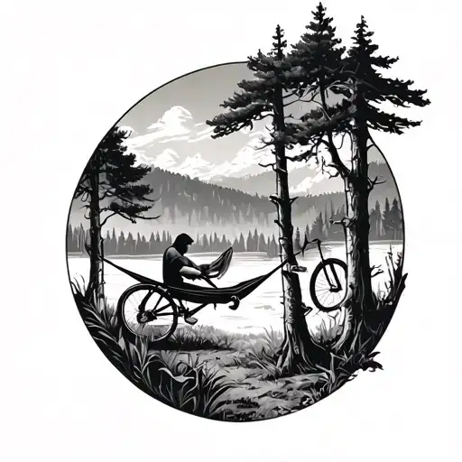 person on hammock between a redwood and aspen tree. Bicycle resting on the Aspen tree tattoo design idea