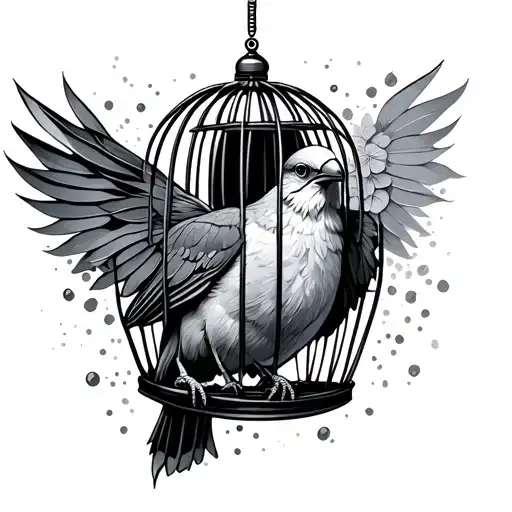 bird breaking free from cage tattoo design idea