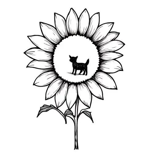 A minimalist sunflower with a small dog silhouette hidden in the petals tattoo design idea