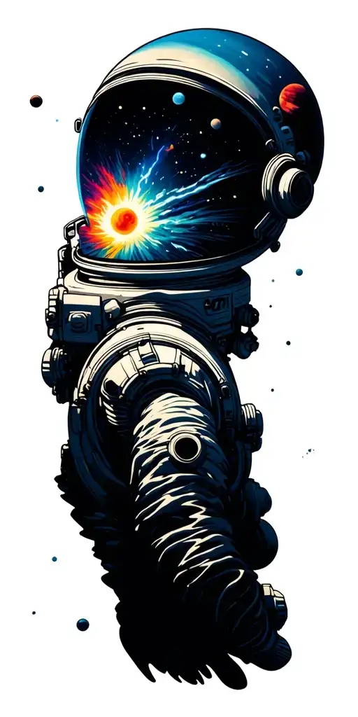 astronaut helmet with supernova explosion in reflection. background is sea of color with planets and waves of color. tattoo design idea
