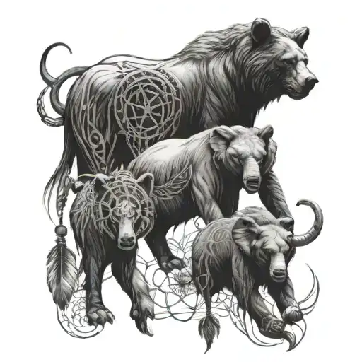 Evil Wolf elephant and bear with dream catcher tattoo design idea