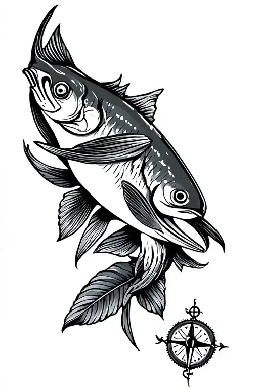 A mahi mahi fish, a compass with anchor, and a macaw outline, blended together with lots of shading. tattoo design idea