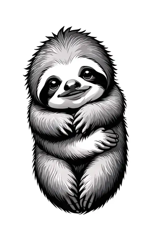 ​"A cute, snuggly baby sloth, rendered in a friendly, endearing cartoon style. The sloth is depicted clinging to an arm, tattoo design idea