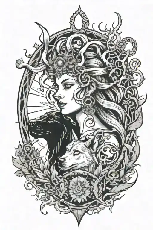 Hecate goddess of magic, Hades God, sun, moon, smokes, lettering and dog with tree heads tattoo design idea