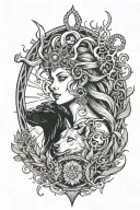 Hecate goddess of magic, Hades God, sun, moon, smokes, lettering and dog with tree heads tattoo design idea