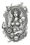 Hecate goddess of magic, Hades God, sun, moon, smokes, lettering and dog with tree heads tattoo design idea