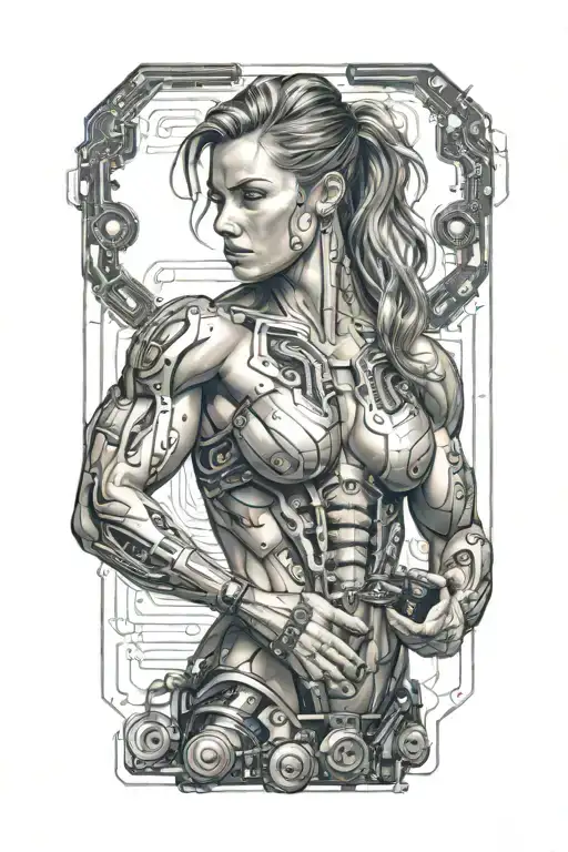 aesthetic bodybuilder muscular women with technology circuits vectors board merging tattoo design idea