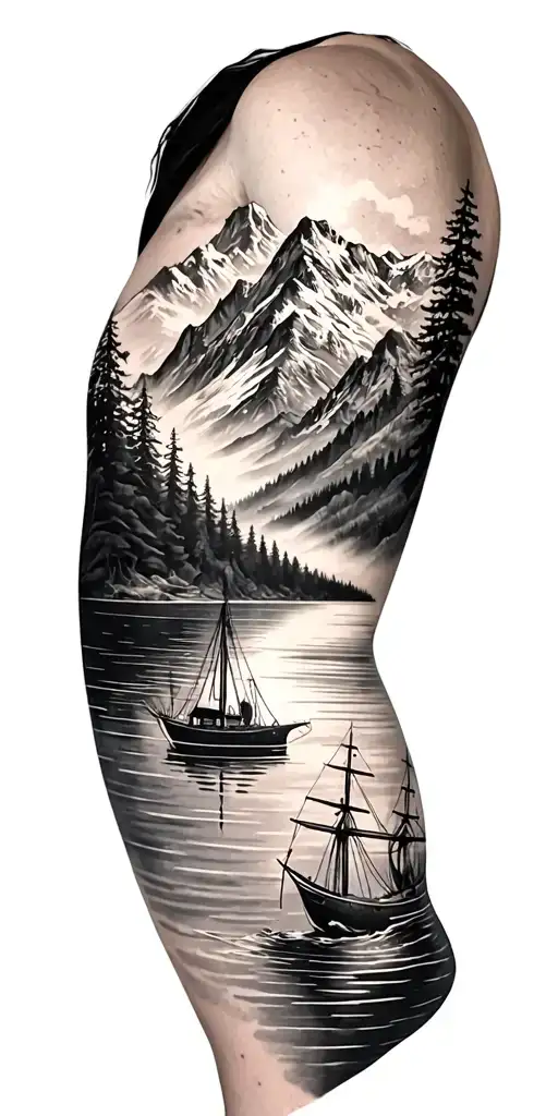 black and white shoulder halve sleeve tattoo design combining mountain lake and nautical themes tattoo design idea