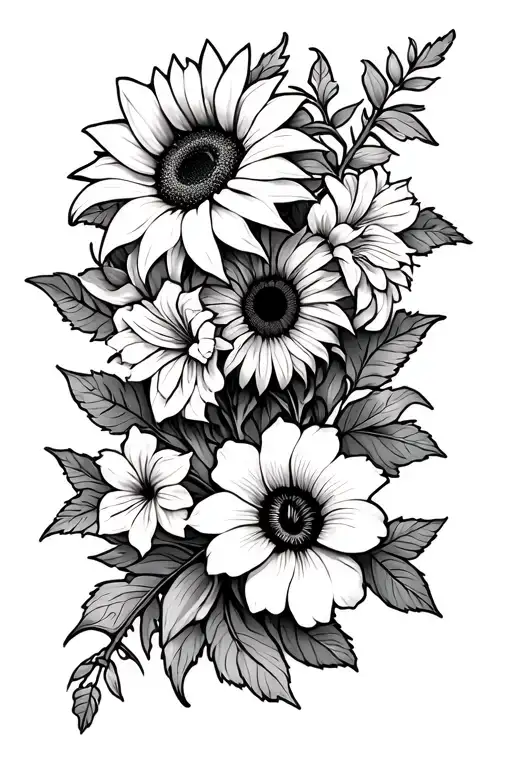 vine wrapping with sunflowers, Lilly's, hibiscus flowers, and Venus fly trap flowers tattoo design idea