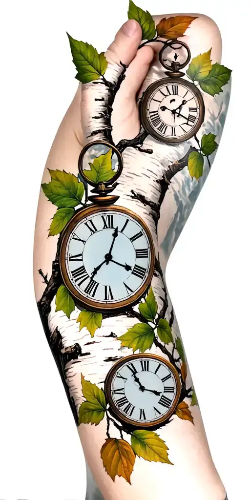 birch branches with hunter green leaves with only three clocks integrated into it for an arm sleeve tattoo design idea