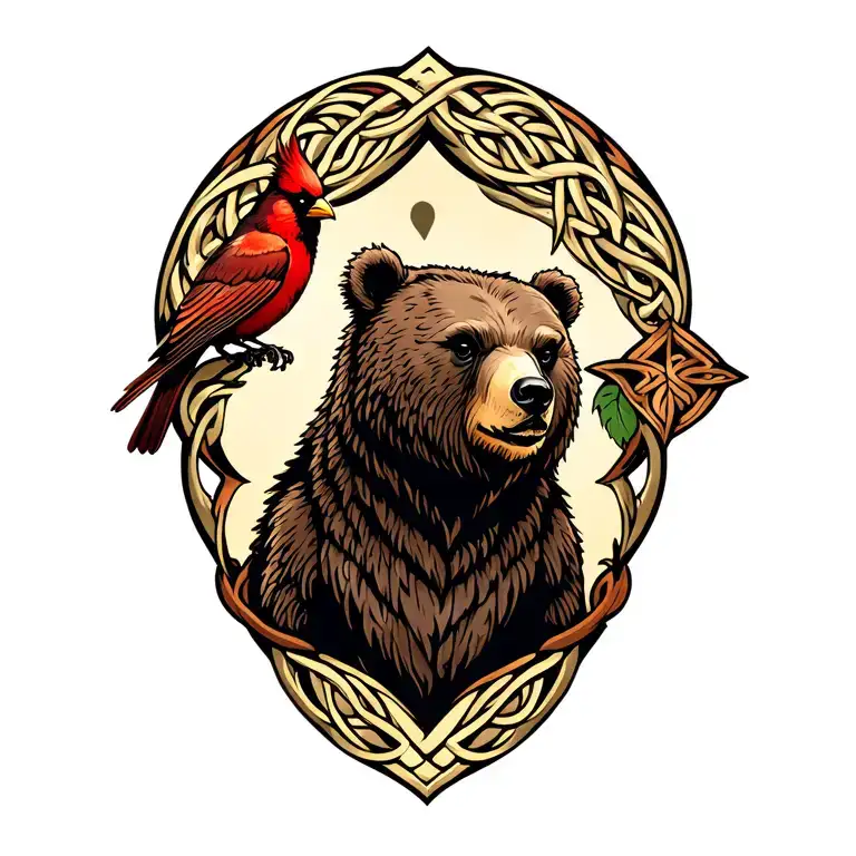 celtic bear with cardinal perched on shoulder tattoo design idea