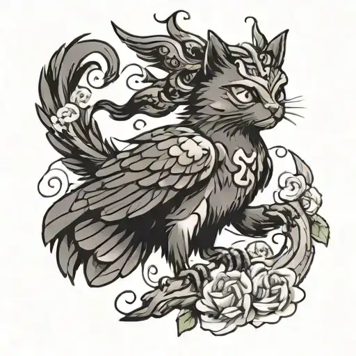 cat crow flying tattoo design idea