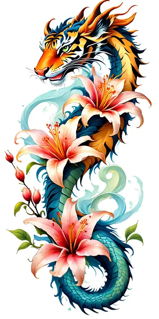 dragon, tiger Lilly, cherry blossom, scroll, wisps of smoke tattoo design idea