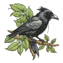 A crow sits on a branch, with a crown of basil on its head tattoo design idea