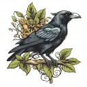 A crow sits on a branch, with a crown of basil on its head tattoo design idea